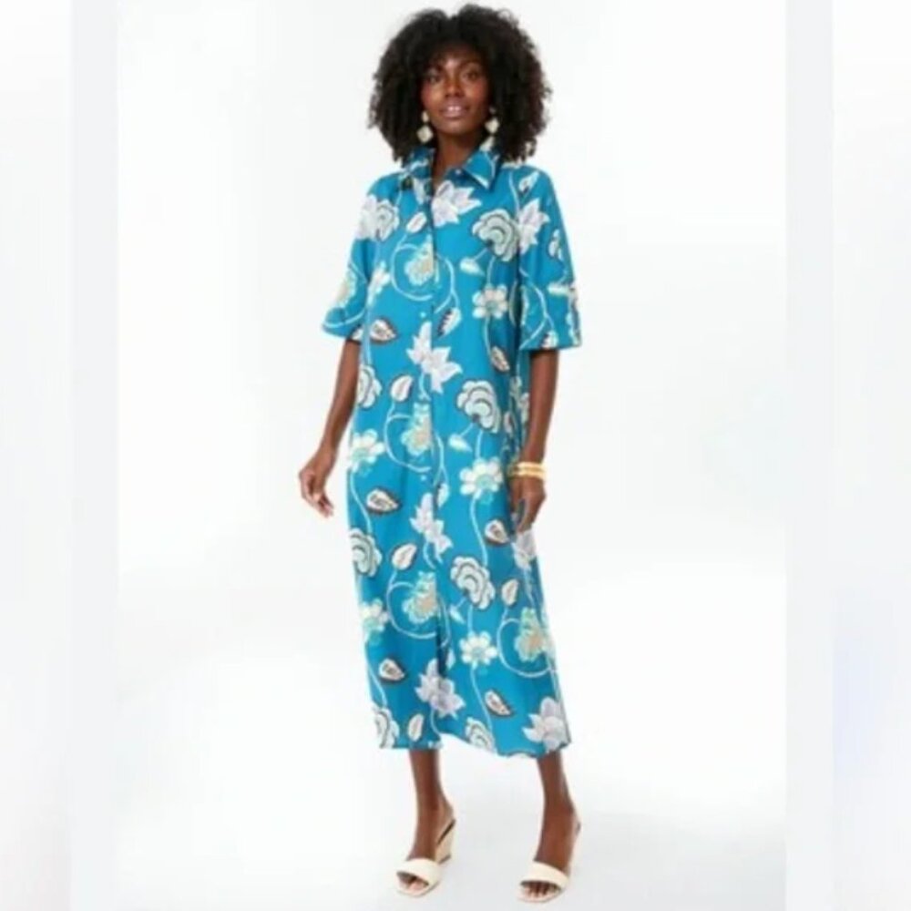 Tuckernuck Teal Floral Button-Front Seaport Blue Chintz Amanda Maxi Shirt Dress